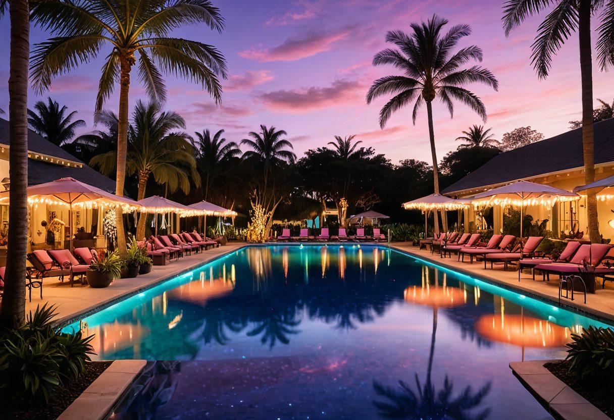 A vibrant outdoor pool scene with colorful floats, tropical drinks on tables, and people enjoying themselves in the water. Add twinkling fairy lights above and festive decorations around. Capture a sunset backdrop for warmth and inviting vibes. super-realistic. vibrant colors. 3D.