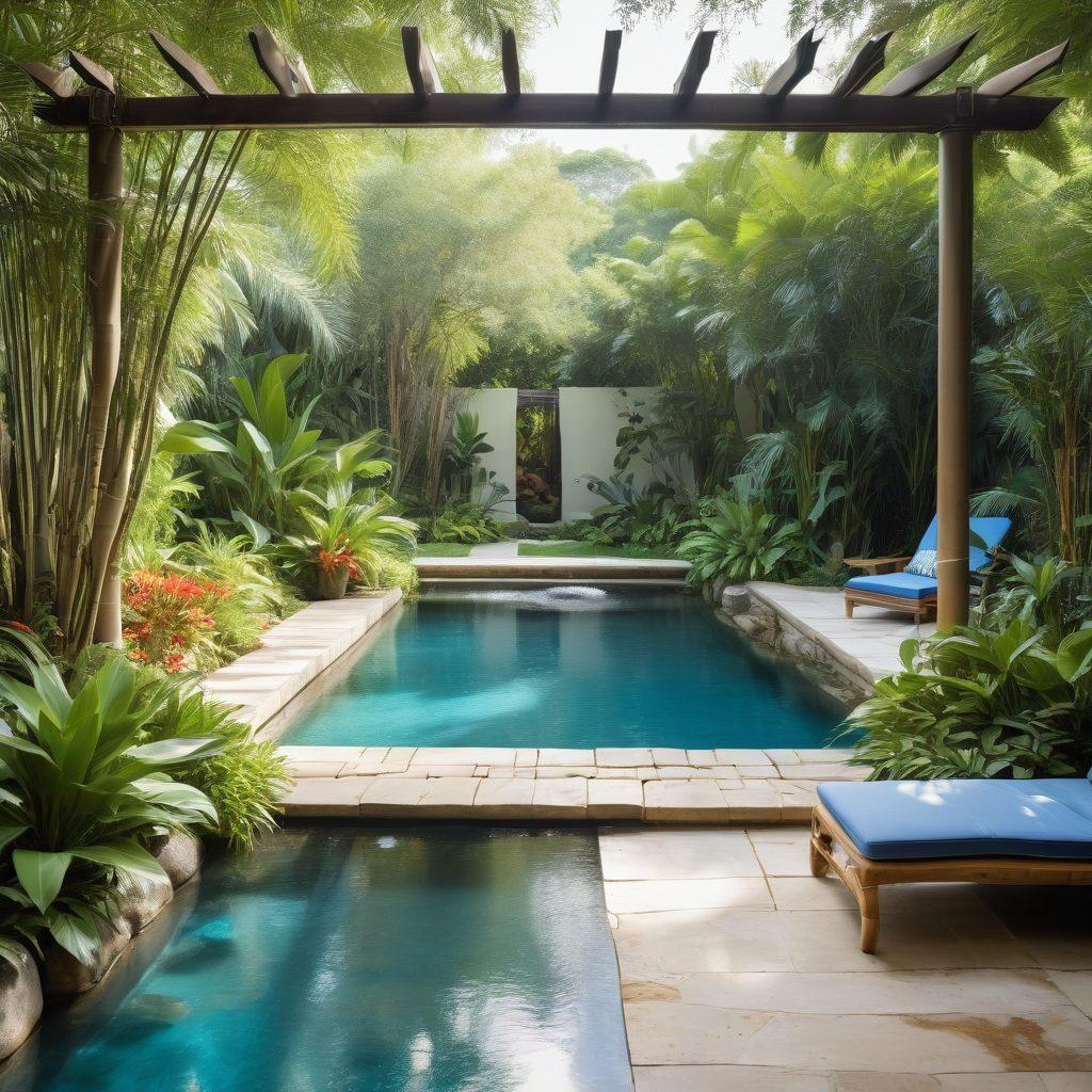 A luxurious poolside retreat set in a lush garden, surrounded by vibrant tropical plants and flowers. The scene features a sparkling blue pool, cozy lounge chairs, and a bamboo pergola providing shade, with soft, flowing drapes. Sunlight filters through the leaves, creating dappled patterns on the ground. Include elements like a small waterfall and a serene, zen-like atmosphere. super-realistic. vibrant colors. tropical theme.