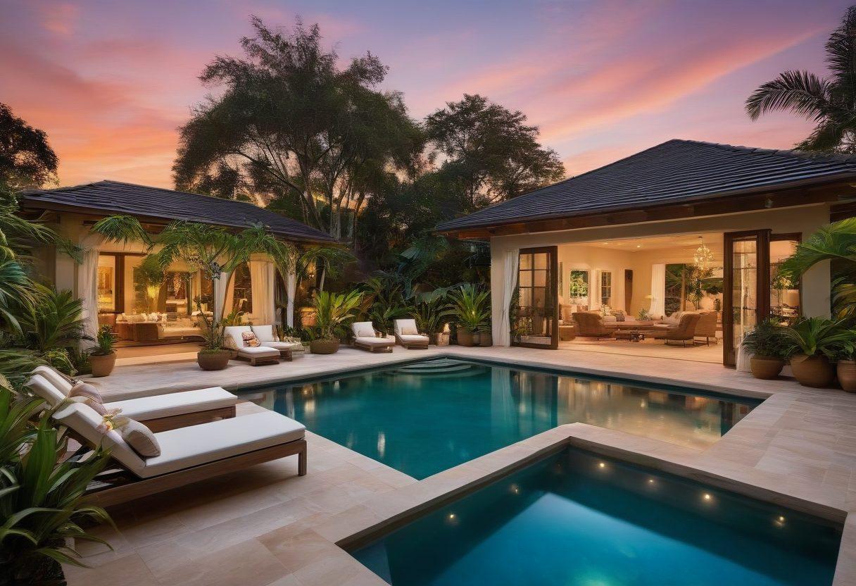 A serene poolside oasis featuring a stunning, crystal-clear swimming pool surrounded by lush tropical plants, cozy lounge chairs, and a chic cabana. Include a beautifully set outdoor dining table with elegant tableware, soft ambient lighting hanging above, and a colorful sunset in the background. Capture the essence of outdoor living with vibrant colors and a tranquil atmosphere. super-realistic. vibrant colors. 3D.